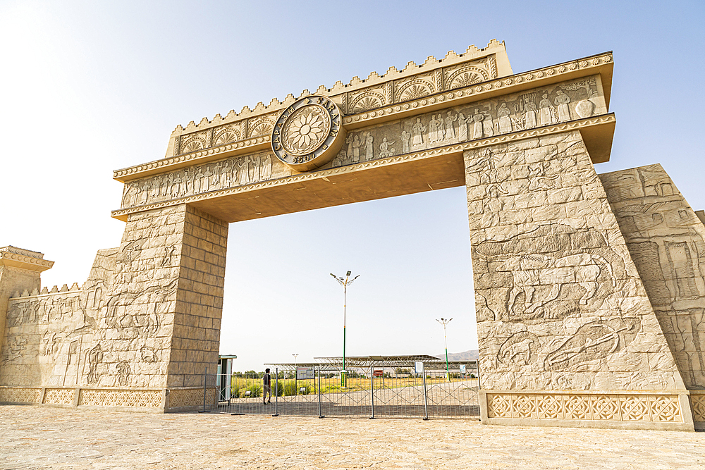 Panjakent, Sughd Province, Tajikistan. August 18, 2021. Reconstructed gate at the entrance to the Sarazm Archaeological Site. Editorial Use Only