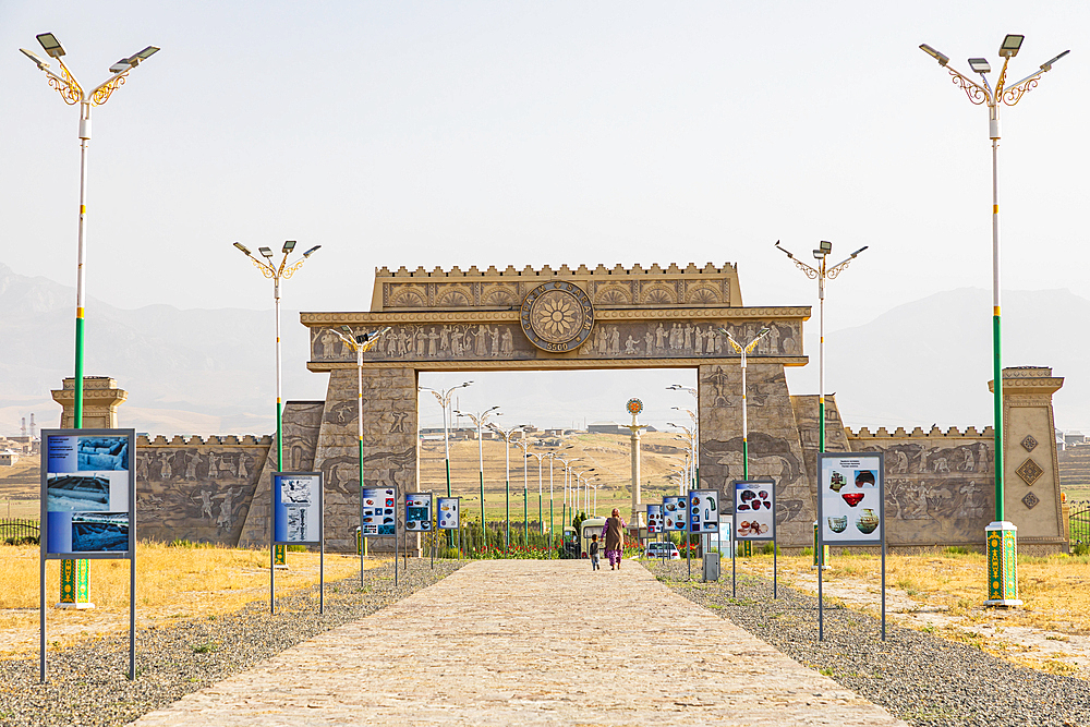 Panjakent, Sughd Province, Tajikistan. August 18, 2021. Reconstructed gate at the entrance to the Sarazm Archaeological Site. Editorial Use Only