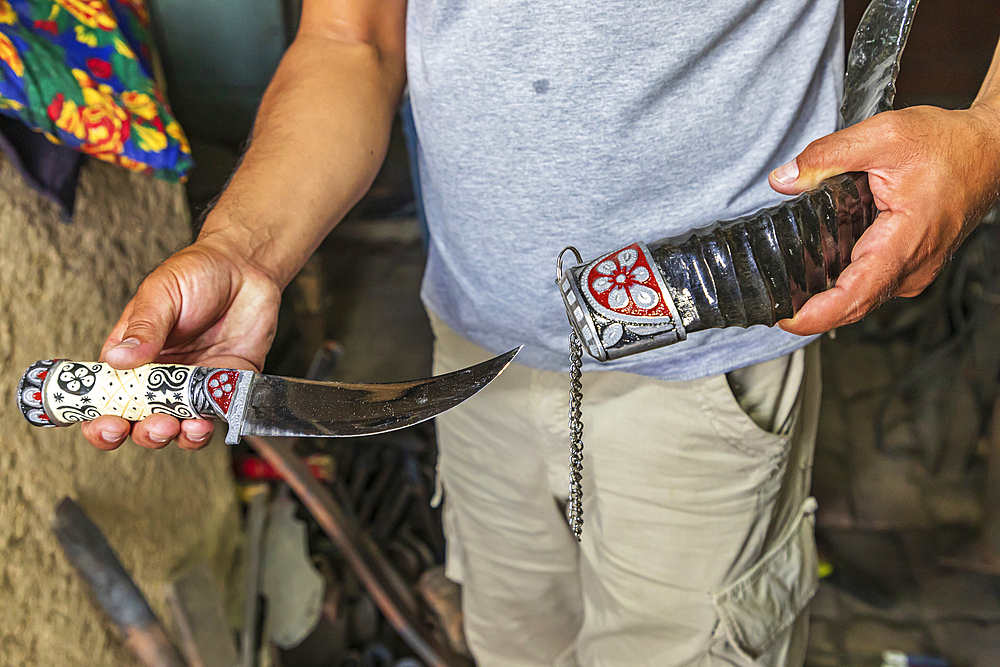 Istaravshan, Sughd Province, Tajikistan. August 19, 2021. Hand made knife at a blacksmith shop in Istaravshan. Editorial Use Only