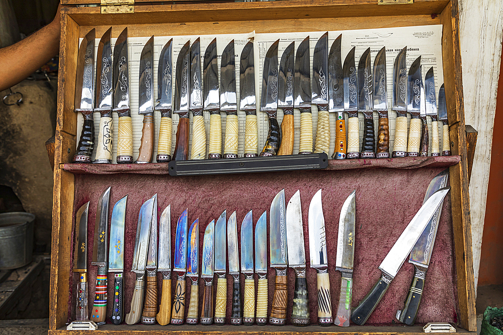 Istaravshan, Sughd Province, Tajikistan. August 19, 2021. Hand made knives for sale at a blacksmith shop in Istaravshan. Editorial Use Only