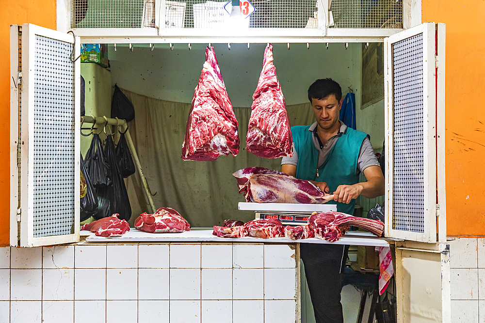 Khujand, Sughd Province, Tajikistan. August 20, 2021. Butcher shop in the Panjshanbe Bazaar in Khujand. Editorial Use Only