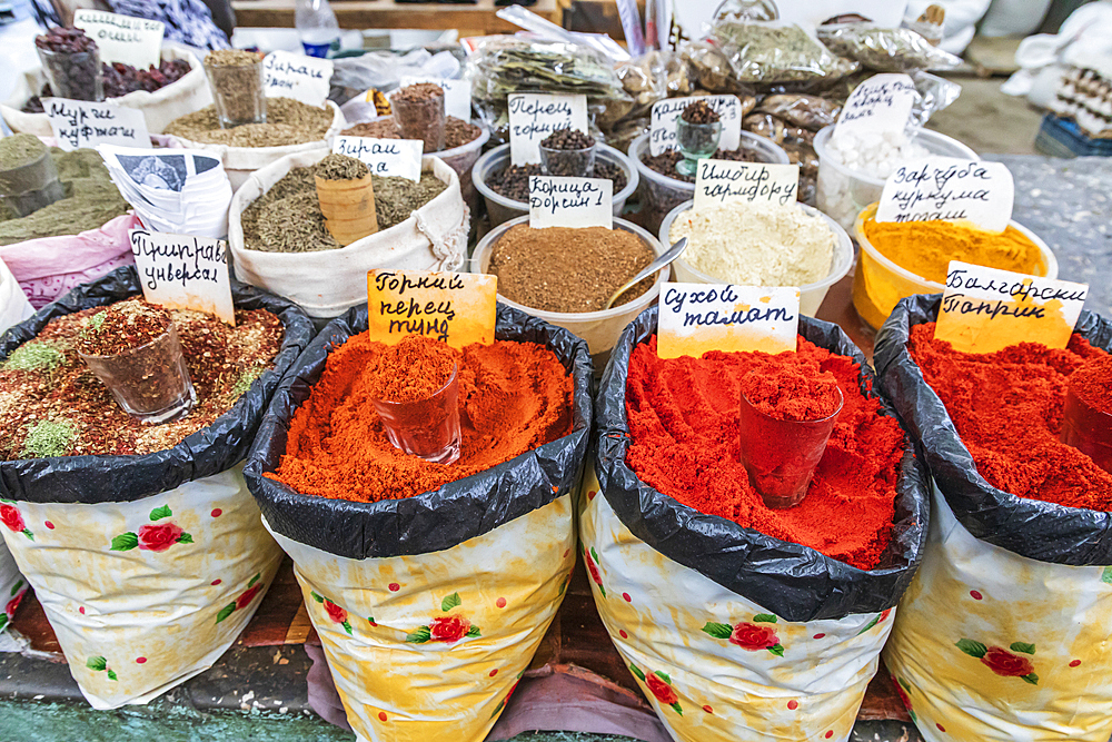 Khujand, Sughd Province, Tajikistan. August 20, 2021. Bulk spices for sale at the Panjshanbe Bazaar in Khujand. Editorial Use Only