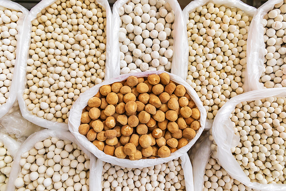 Khujand, Sughd Province, Tajikistan. Salted cheese balls at the Panjshanbe Bazaar in Khujand.