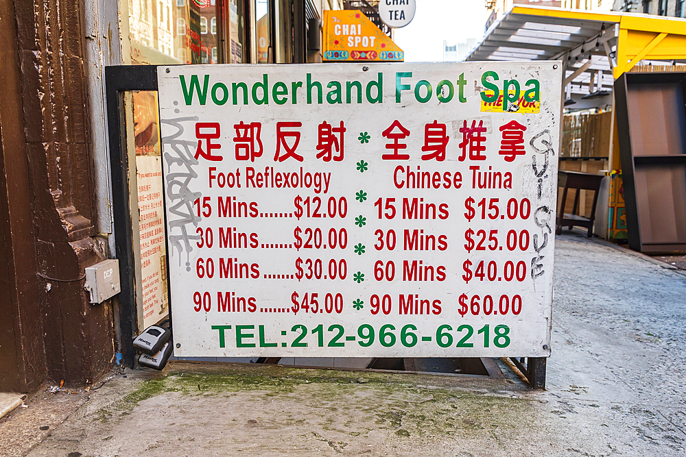 Chinatown, Manhattan, New York City, New York, USA. November 3, 2021. Menu at the Wonderhad Foot Spa in Chinatown.