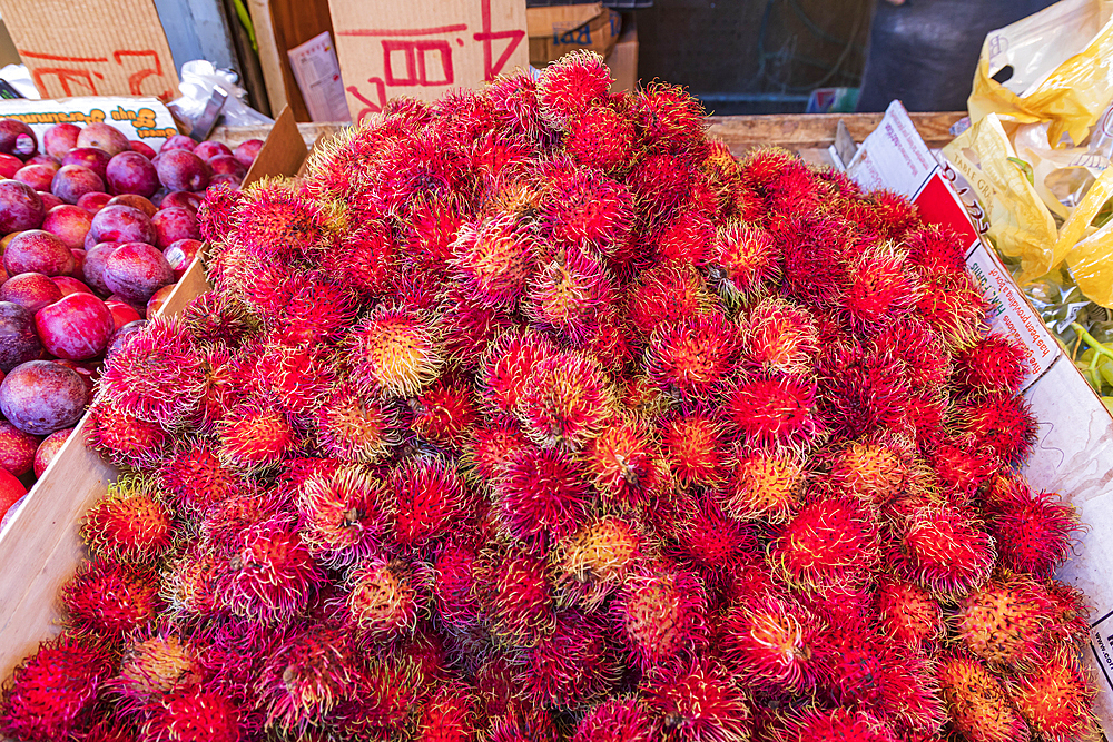 Chinatown, Manhattan, New York City, New York, USA. November 3, 2021. Rambutan fruit for sale in Chinatown.