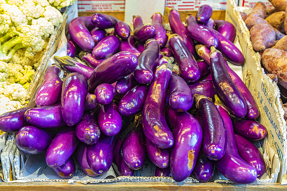 Chinatown, Manhattan, New York City, New York, USA. Eggplant for sale at a grocery store in Chinatown.