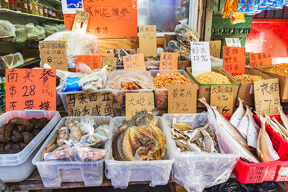 Chinatown, Manhattan, New York City, New York, USA. November 3, 2021. Dried fish for sale in Chinatown.