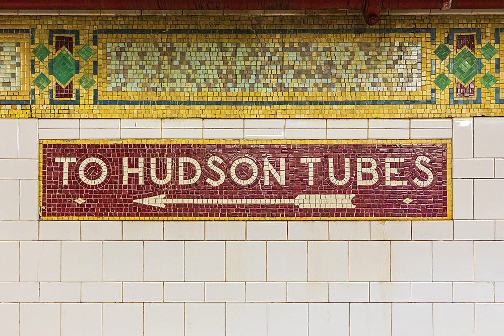 Manhattan, New York City, New York, USA. Tile mosaic sign in the World Trade Center subway station.