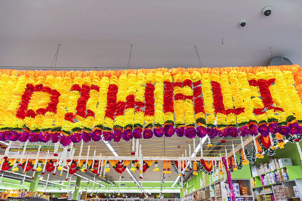 Jackson Heights, Queens, New York City, New York, USA. November 5, 2021. Colorful sign celebrating Diwali.