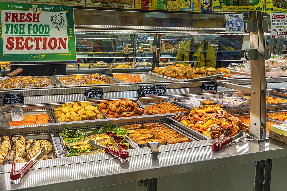 Coney Island, Brooklyn, New York City, New York, USA. November 6, 2021. Cooked fish for sale at a buffet.