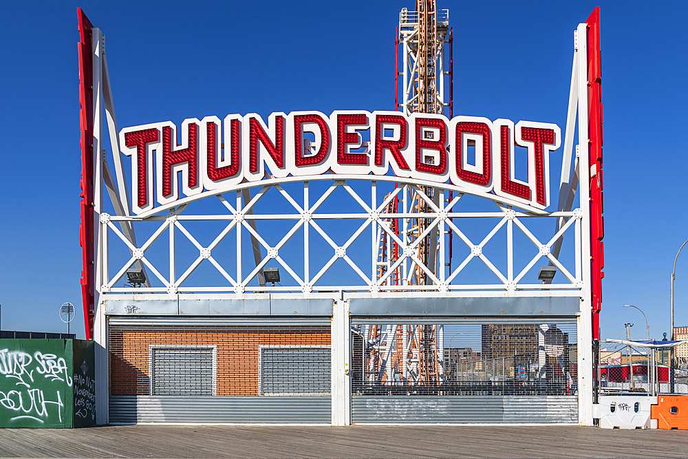 Coney Island, Brooklyn, New York City, New York, USA. November 6, 2021. The Thunderbolt ride at Coney Island.