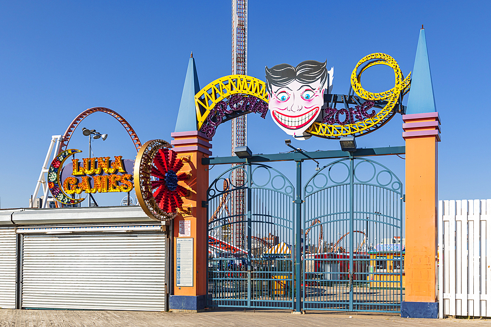 Coney Island, Brooklyn, New York City, New York, USA. November 6, 2021. Entrance gate to the amusement park at Coney Island.