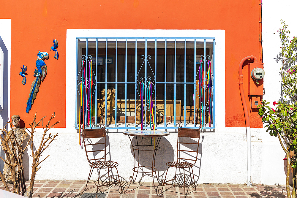 Todos Santos, Baja California Sur, Mexico. November 11, 2021. Cafe table and chairs in Todos Santos.