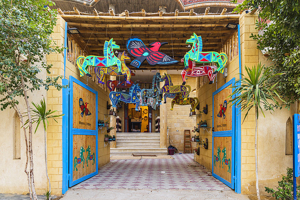 Faiyum, Egypt. February 19, 2022. Entrance to a crafts store in the village of Faiyum.