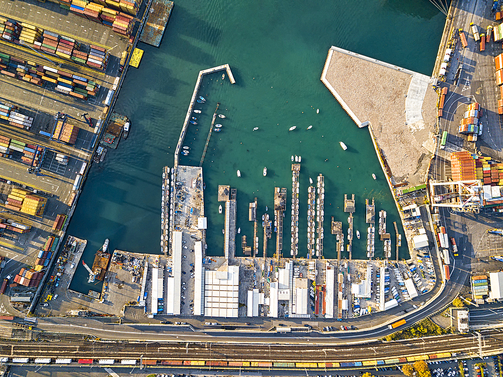 Aerial vertical view taken by drone of cargo port of La Spezia, Liguria district, Italy, Europe