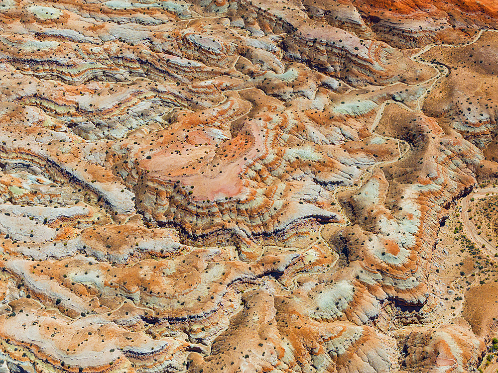 Aerial abstract view taken by drone of desert area near to Goblin Valley National Park during a sunny summer day, Utah, United States of America, North America