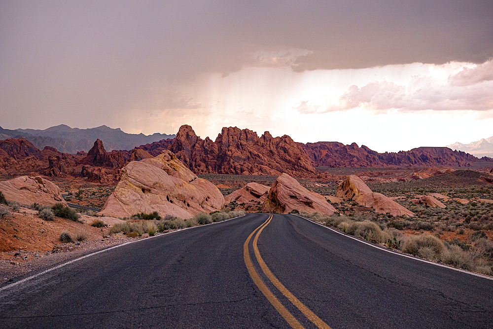 A majestic road crossing the beautiful Valley of Fire, Nevada, United States of America, North America