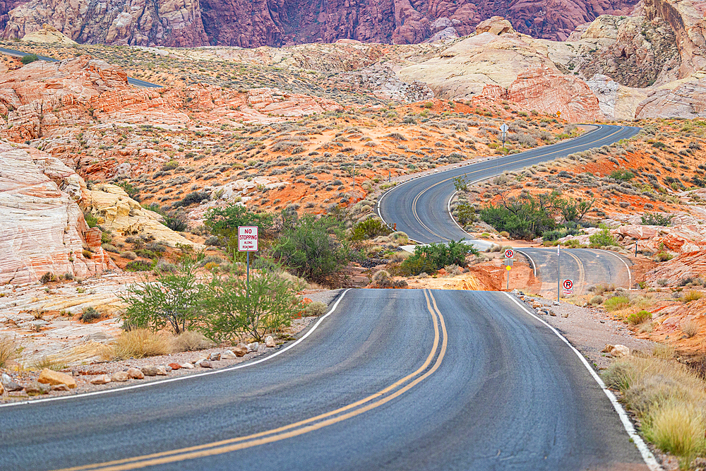 A majestic road crossing the beautiful Valley of Fire, Nevada, United States of America, North America