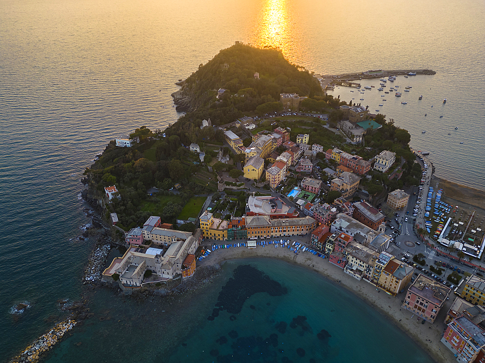 Aerial view of Sestri Levante and its Baia del Silenzio at sunset, Genova, Liguria, Italy, Europe