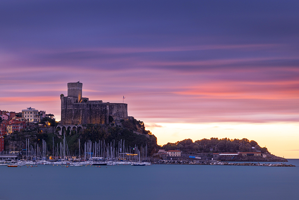 A long exposure to capture the sunrise at Lerici Castle, La Spezia province, Liguria, Italy, Europe