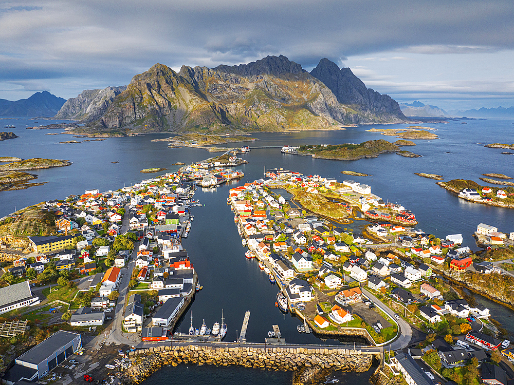 Aerial view taken by drone of Henningsvaer during an autumn day, famous fisherman's village in the Lofoten Islands, Nordland, Norway, Scandinavia, Europe