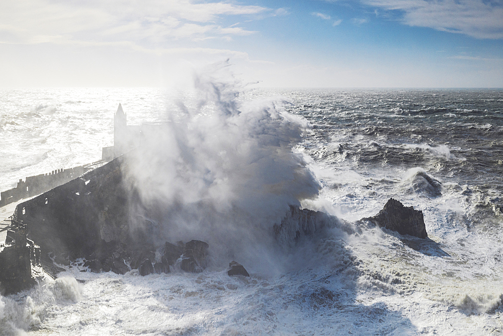 Big waves hit San Pietro church during a strong sea storm, Portovenere (Porto Venere), UNESCO World Heritage Site, La Spezia, Liguria, Italy, Europe