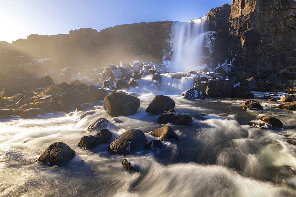 Oxararfoss waterfall at sunset during spring, Sudurland, Iceland, Polar Regions