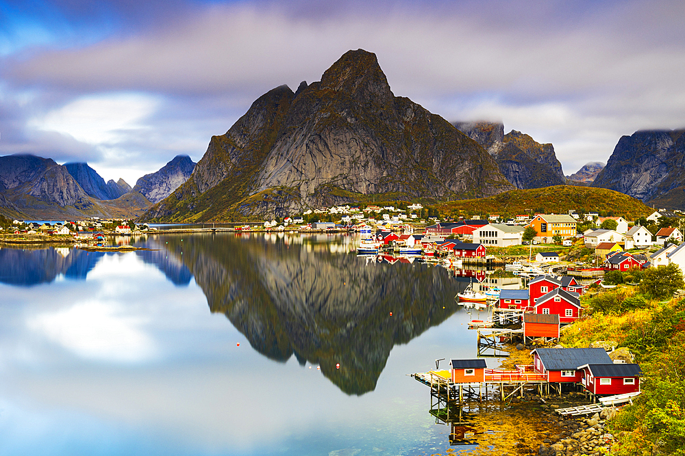 A long exposure to capture the sunrise in Reine Bay, during an autumn day, Reine, Moskenesoya, Lofoten Islands, Nordland, Norway, Scandinavia, Europe