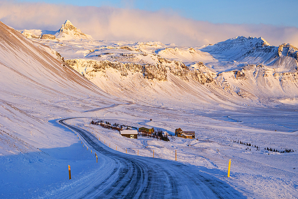 The beautiful road of the Snaefellsnes Peninsula during a cold winter day, Iceland, Polar Regions