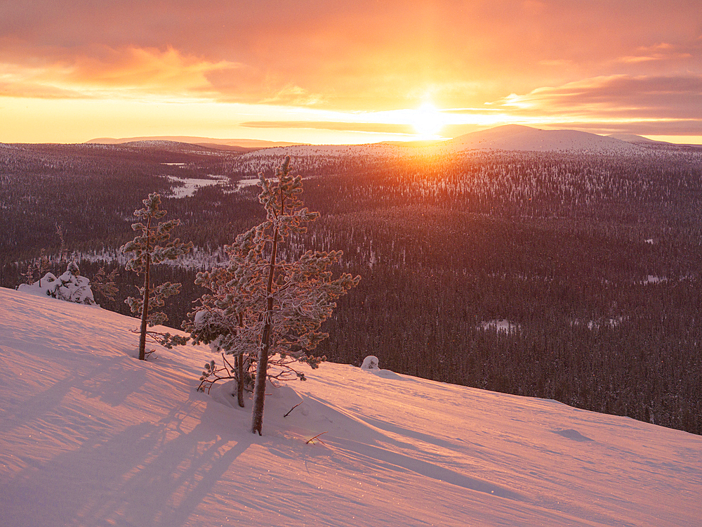 An amazing winter sunrise in Pallastunturi National Park shot by drone, Pallastunturi, Finland, Europe