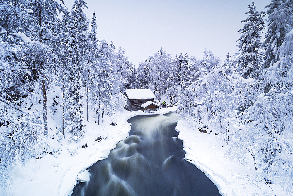 The famous Myllykosky mill during a cold winter day, Oulanka National Park, Kuusamo, Finland, Europe