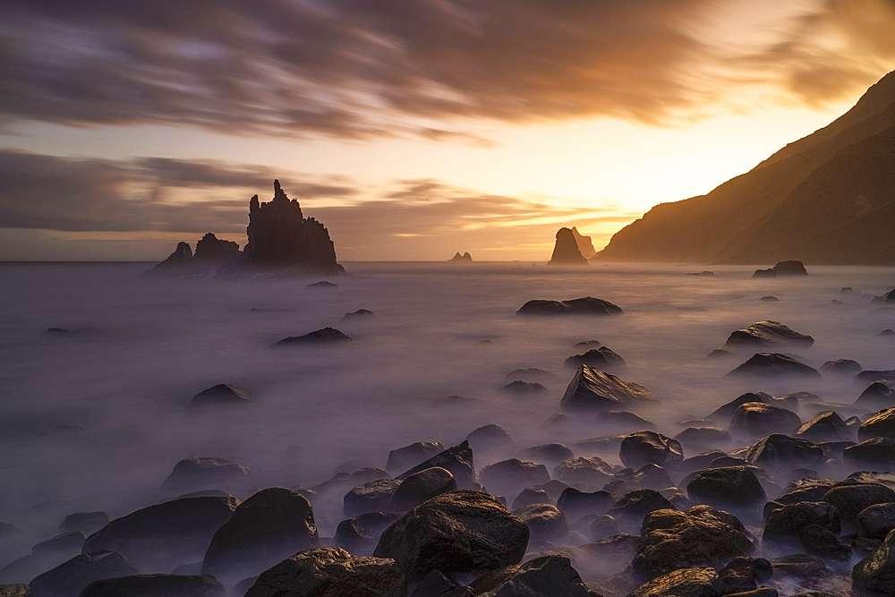 A long exposure to capture the sunrise at Benijo Beach, Tenerife, Canary Islands, Spain, Atlantic, Europe