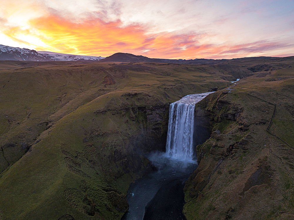 Aerial view taken by drone of Skogafoss Waterfall, southern Iceland, Polar Regions