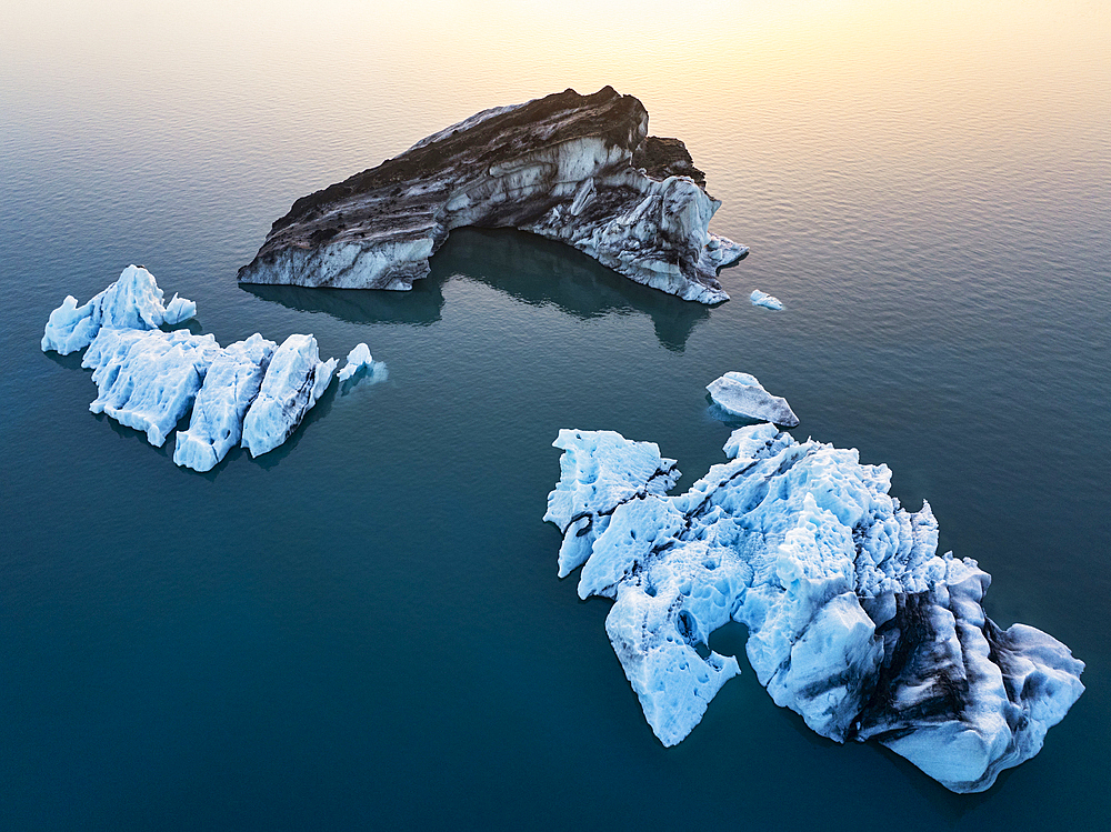 Aerial view taken by drone of iceberg in Jokusarloon Glacier Lagoon during a summer day, Iceland, Polar Regions