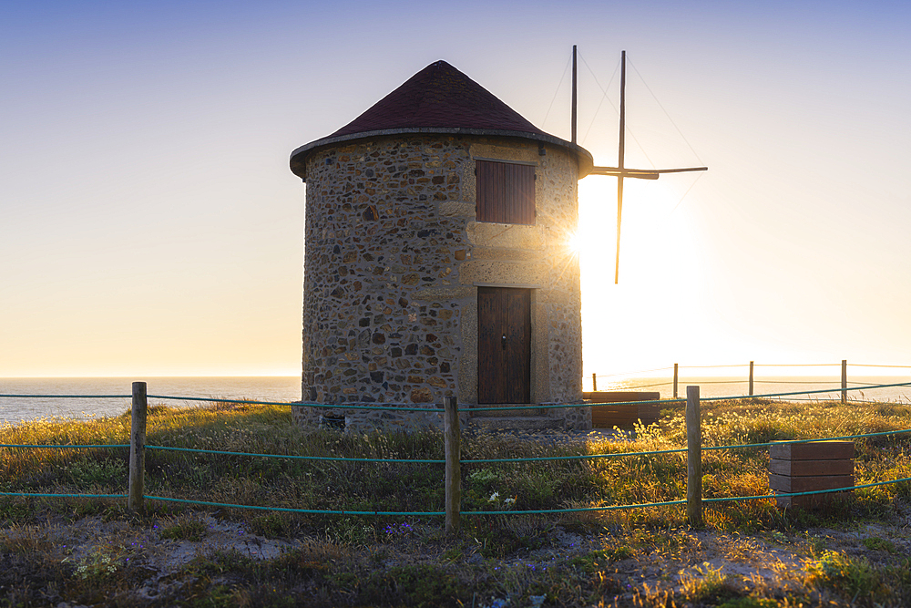 Windmills of Apulia at sunset during summer, Apulia, Esposende, Braga, Norte, Portugal, Europe