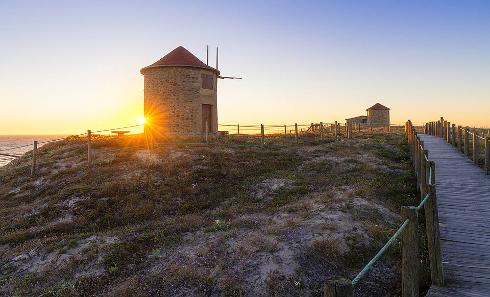 Windmills of Apulia at sunset during summer, Apulia, Esposende, Braga, Norte, Portugal, Europe