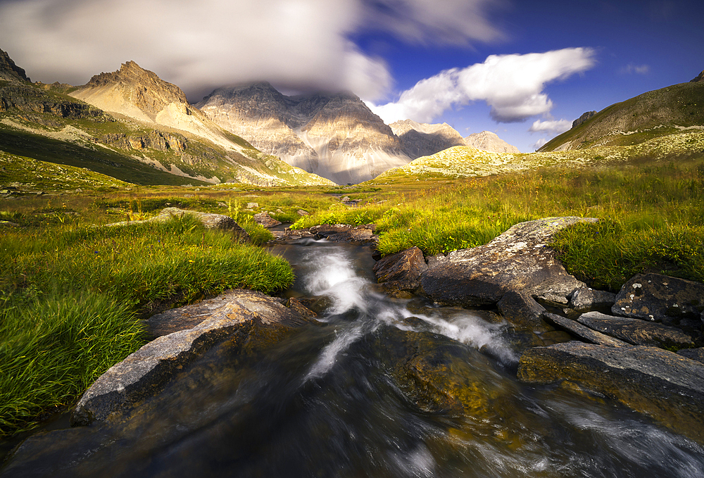 Roche Bernaude and Roche Pompée during sunset in summer, Provence Alps Cote d’Azur, Haute Alps, Vallee Etroite, France, Europe