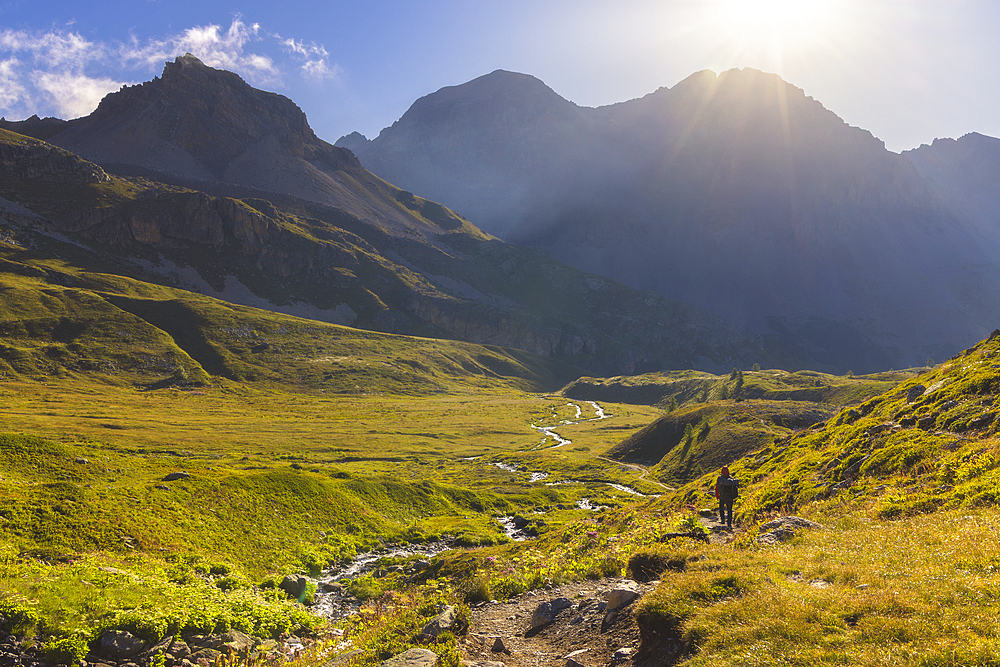 A trekker walks in the middle of Vallee Etroite in front of Roche Bernaude and Roche Pompée during summer, Provence Alps Cote d’Azur, Haute Alps, Vallee Etroite, France, Europe