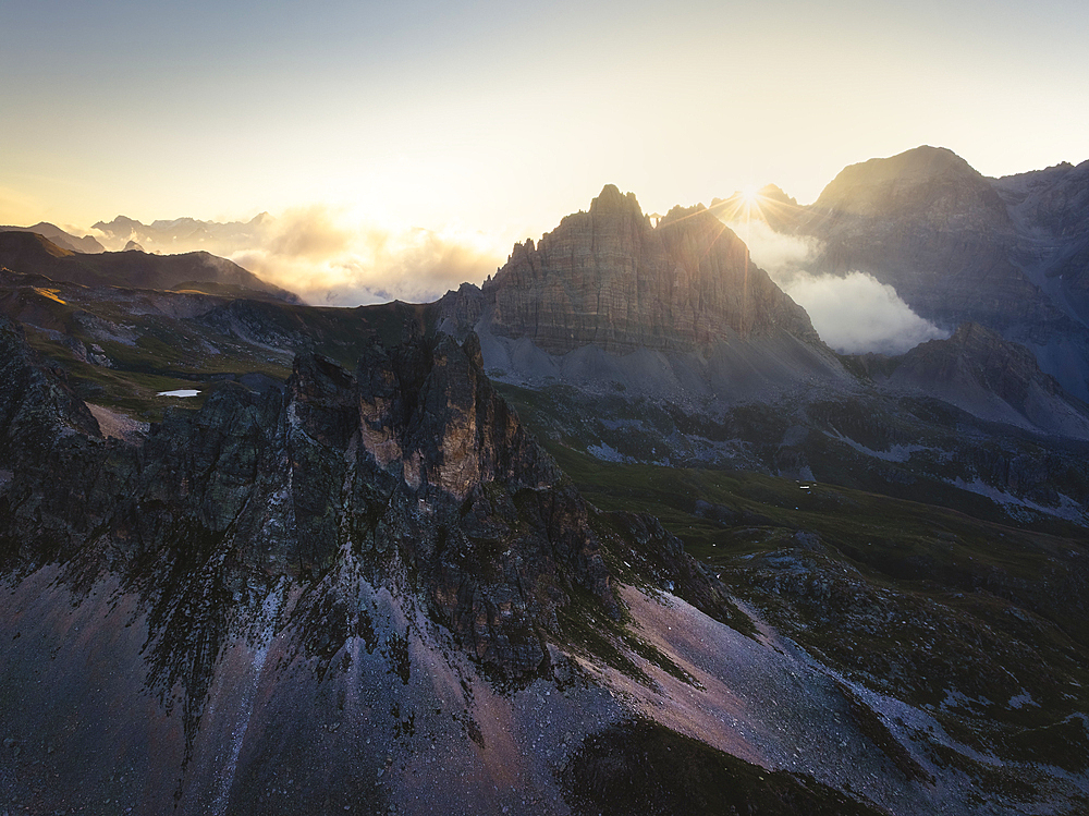 Aerial view of Grand Serù and Grand Adret at sunrise during summer, Provence Alps Cote d’Azur, Haute Alps, Vallee Etroite, France, Europe