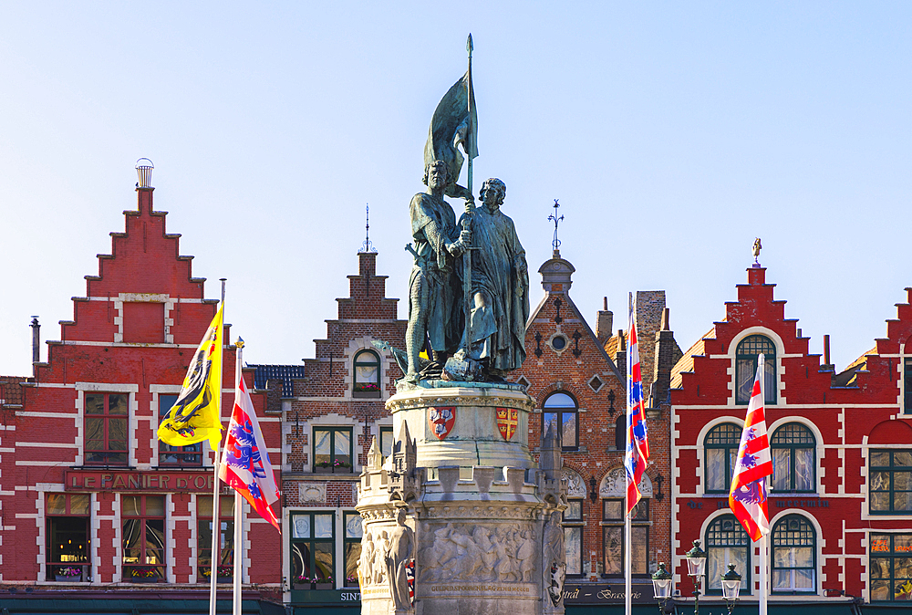Markt and its statue during sunset, Bruges, Belgium, East Flanders, Flanders, Western Europe