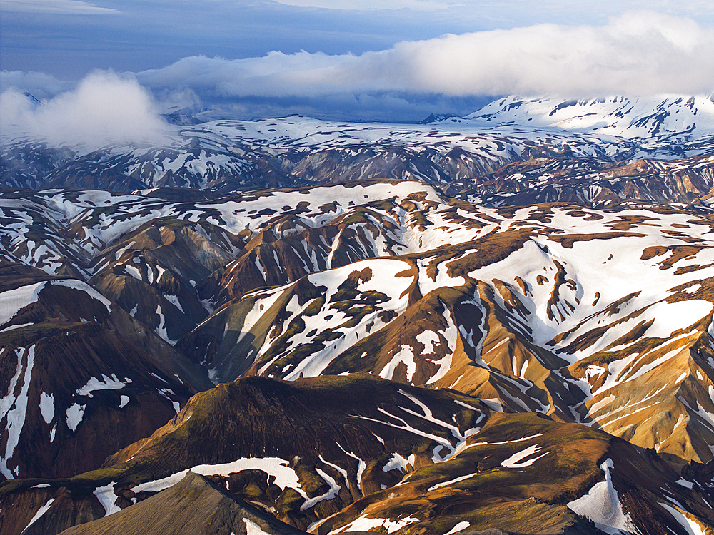 Aerial view taken by drone of Landmannalaugar mountain on a summer day, Iceland, Polar Regions