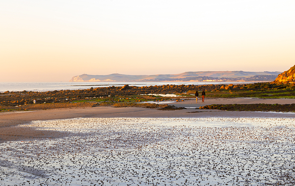 A view of Cap Blanc Nez from Cap Gris Nez at sunset, Cote d'Opal, Pas de Calais, France, Europe