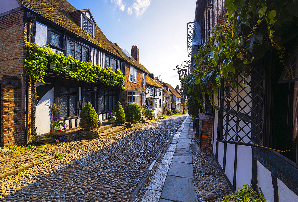 Popular Mermaid Street at sunset, Rye, East Sussex, England, United Kingdom, Europe