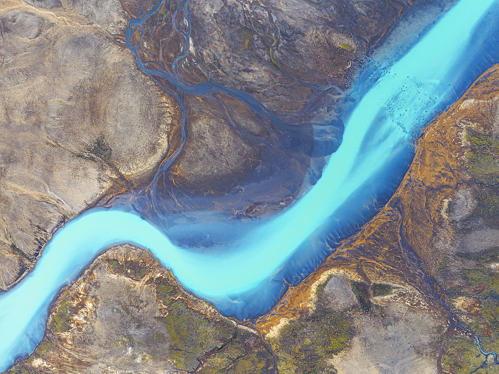 Aerial abstract view of the river on a summer day along the Icleandic southern coast, Iceland, Polar Regions