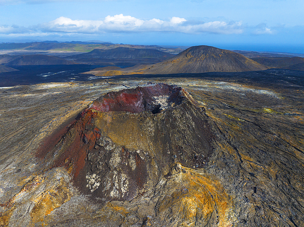 Aerial view of the volcanic cone in eruption area near to Reykjavik, Icelandic southern coast, Iceland, Polar Regions