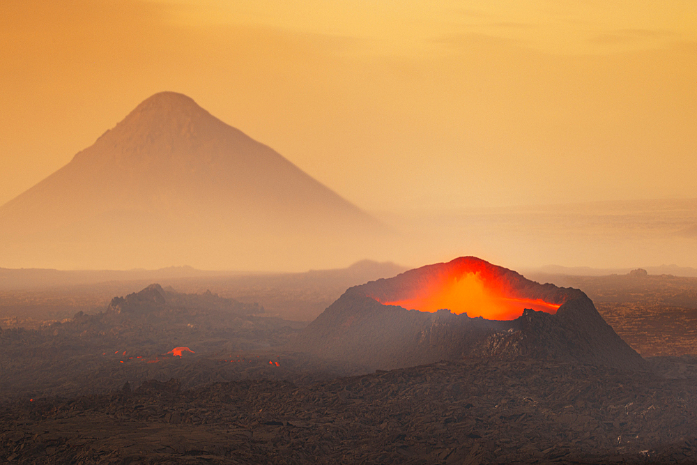 Long exposure to capture the sunset at Litli-Hrutur volcano during eruption, Reykjanes peninsula, Iceland, Polar Regions