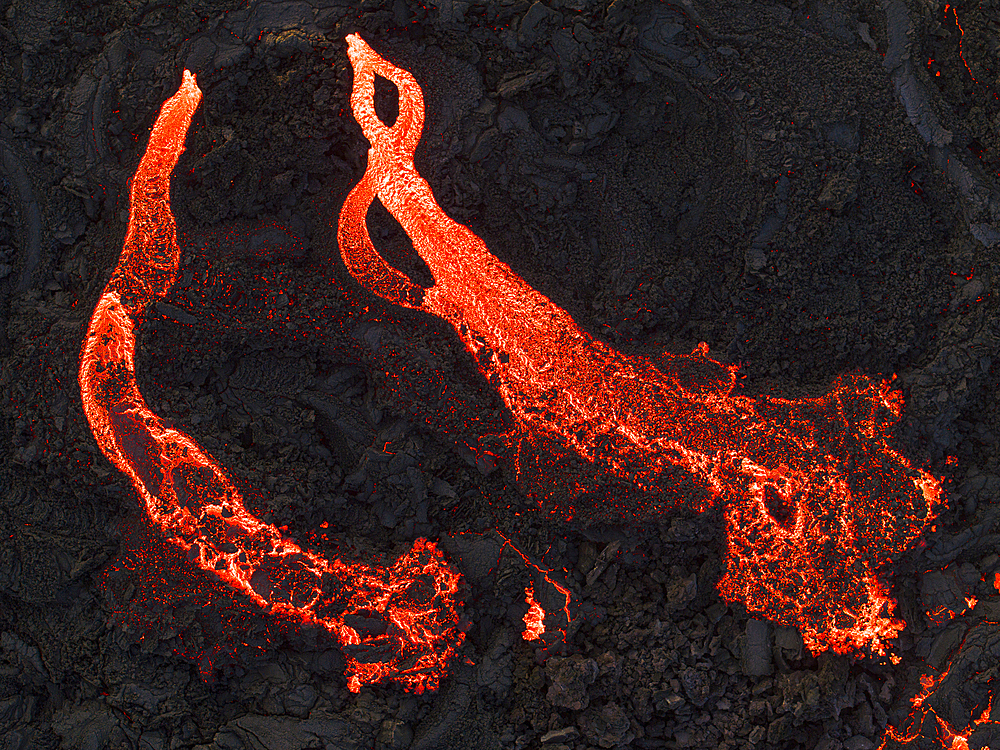 Aerial view taken by airplane of Litli-Hrutur volcano during eruption, Reykjanes peninsula, Iceland, Polar Regions