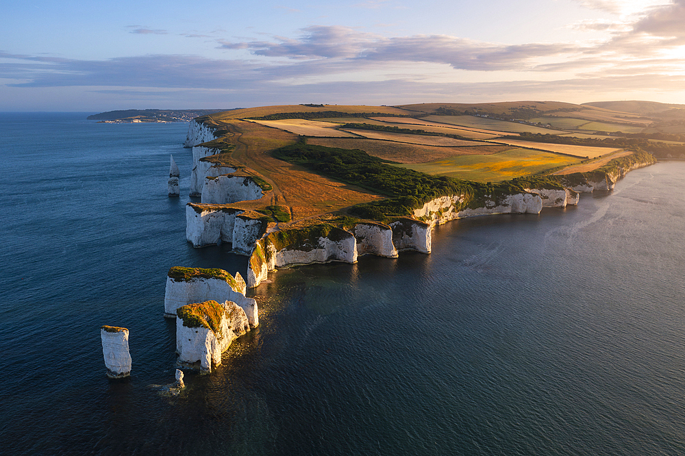 Aerial view of Old Harry Rocks at sunset, Handfast Point, Purbeck, Jurassic Coast, UNESCO World Heritage Site, Dorset, England, United Kingdom, Europe