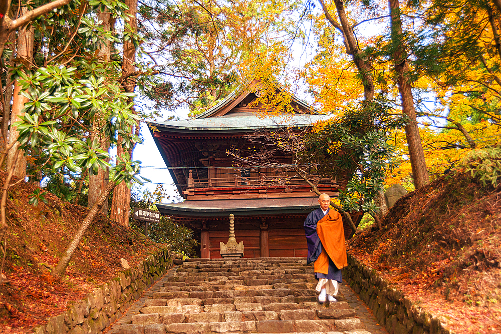 Buddhist monk in a yellow robe on stone stairs in front of a Buddhist Zen Temple. Located on Mount Hiei, Hiei San, Kyoto area, autumnal forest in this sacred Temple district