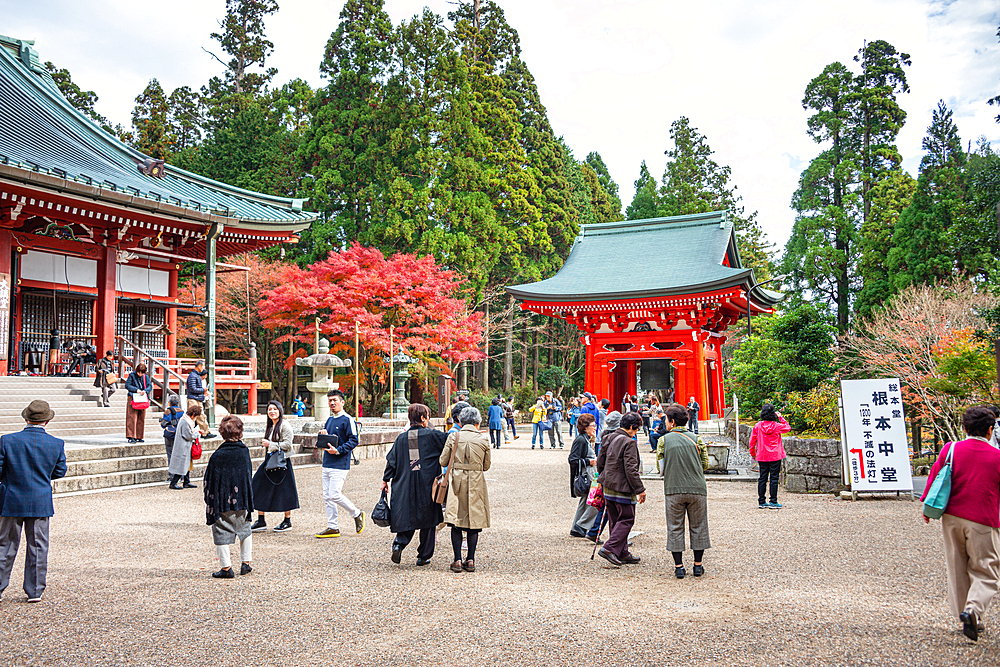 A majestic red gate leading to the Enryaku-ji Temple complex, surrounded by autumn trees. Visitors explore the sacred grounds of this Buddhist site, which played a significant role in Japanese religious history.